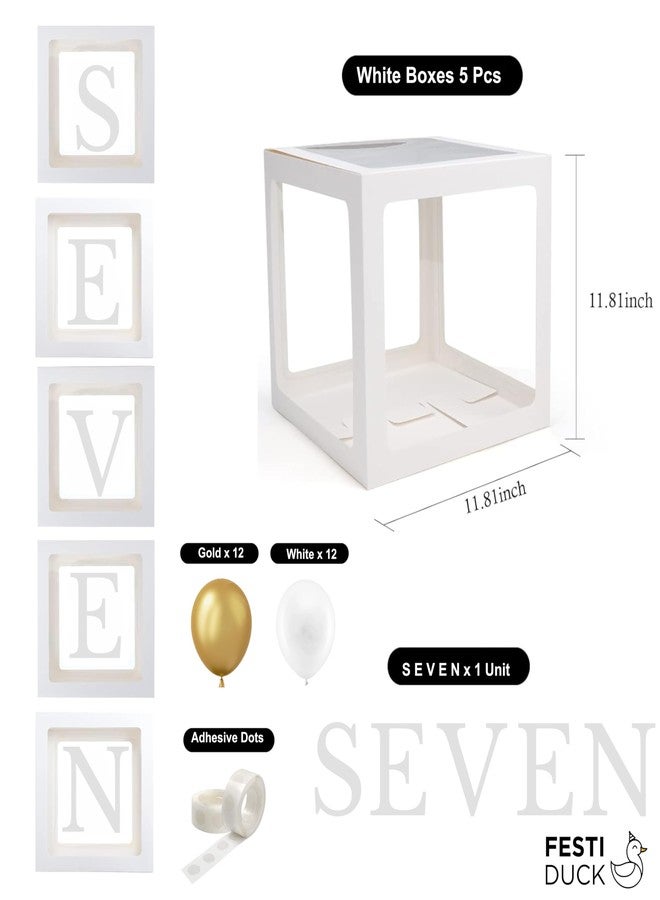 Festi Duck Pack of 5 Balloon Boxes - Transparent White Boxes with “S,” “E,” “V,” “E,” and “N” Letters & 24 Balloons (Gold & White) for Elegant 7th Birthday or Anniversary Décor (Gold & White) - Image 3